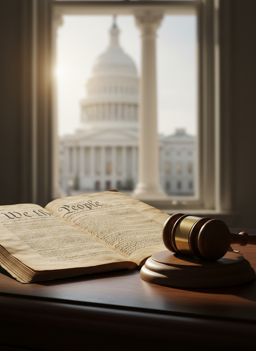 A large, weathered copy of the United States Constitution lying open on a solid, dark walnut desk, its parchment pages slightly curled and the words “We the People” crisply legible. Beside it, a heavy brass gavel rests on a circular wooden block, its surface marked with small dents from use. In the background, a blurred view of a neoclassical government building with tall white columns is visible through a large window. Strong, directional daylight streams in from the window, casting bold, dramatic shadows and bright highlights across the text and gavel. Photographic realism, shot at eye level with a shallow depth of field, creates a bold, serious, and authoritative atmosphere that underscores themes of constitutional accountability and rule of law.
