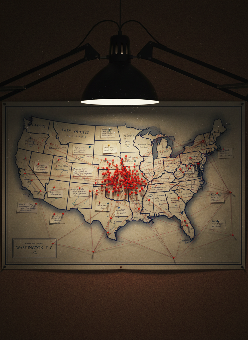 A close-up of a meticulously detailed, vintage-style map of the United States pinned flat on a corkboard wall, each state outlined in deep navy lines on muted cream paper. Dozens of bright red pushpins and handwritten index cards cluster around Washington, D.C., connected by taut red string that radiates outward like a web of investigations and oversight. A black metal desk lamp with a wide shade hangs over the board, casting a stark cone of focused light that leaves the edges of the frame in moody shadow. Photographic realism, slightly angled from above with strong contrast, producing an investigative, urgent atmosphere that suggests uncovering abuses of power across the nation.
