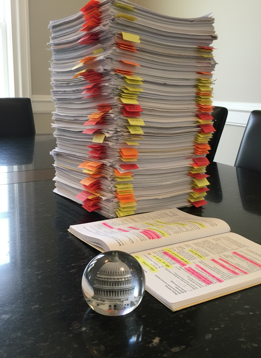 A towering stack of thick, bound government reports and legal briefs in varying shades of off-white and light gray paper sits firmly on a polished, dark stone conference table. Bright, color-coded sticky notes jut from their edges in bold reds, oranges, and yellows, each covered in tiny handwritten annotations. In the mid-ground, a heavy, glass paperweight shaped like the U.S. Capitol dome presses down on a spread of highlighted pages. Cool, diffused daylight from large unseen windows softens the scene, creating gentle reflections on the table’s glossy surface. Photographic realism, captured from a slightly low, side angle with a medium depth of field, evokes a mood of relentless scrutiny, seriousness, and methodical preparation for accountability and impeachment proceedings.
